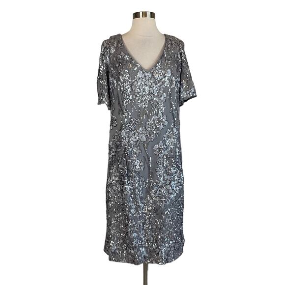 Alex Evenings Sequined Cocktail Dress Size 14W Silver Short Sleeve V-Neck Sheath - Picture 1 of 12